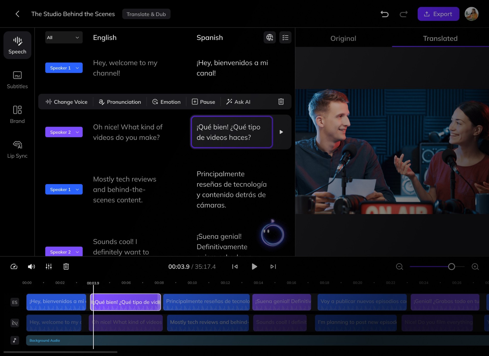 AI video dubbing interface with multilingual translation